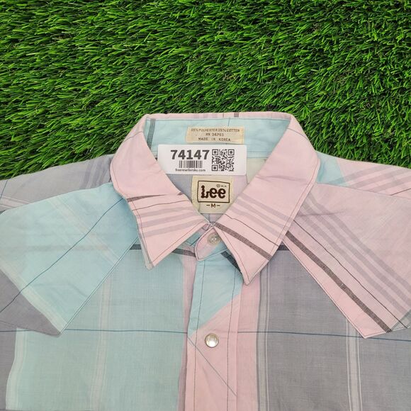 Vintage 70s LEE Snap Button Shirt S/M 20x29 Pastel Blue Pink - Picture 9 of 11